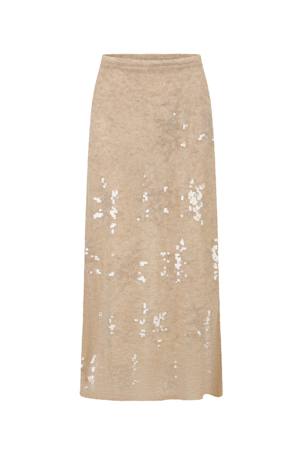 SWAYING 2025 Fall/Winter Collection: Beaded Alpaca Wool Sweater/Skirt Set SW-SW25AW3B05C1S2-XING (Floral design, beige color) Skirt (SW25AW1T07C1S4)